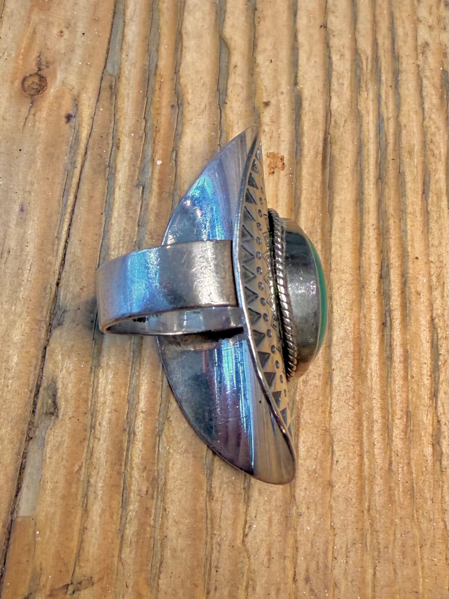 Long Southwestern Turquoise Etched 925 Sterling Silver Size M1/2 Ring