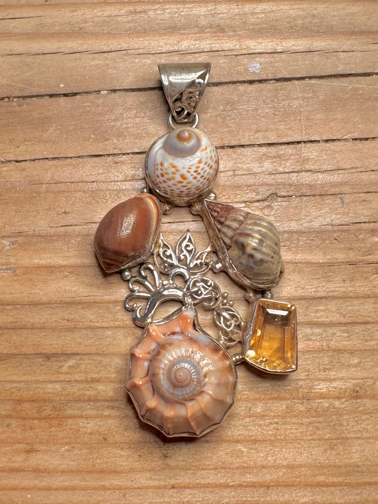 Vintage Multi Shell and Citrine 925 Sterling Silver Pendant