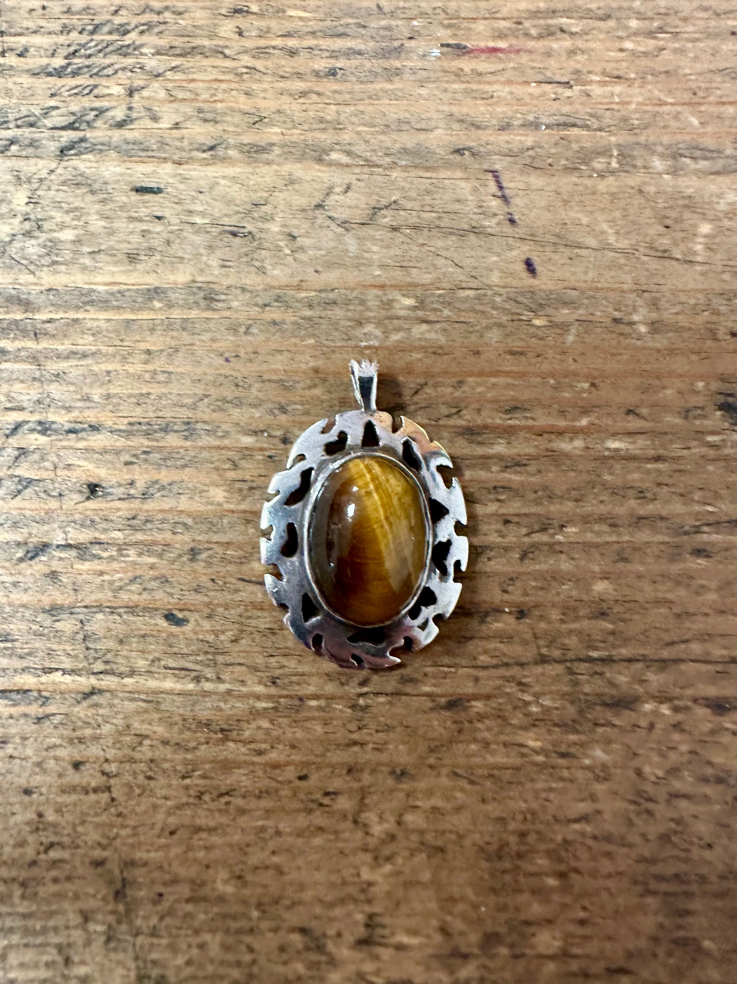 Vintage 1977 Abstract Tigers Eye 925 Silver Pendant