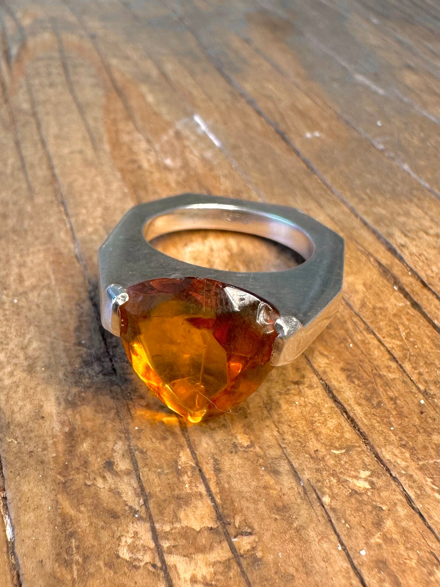 Modernist Faceted Citrine 925 Sterling Silver O1/2 Ring