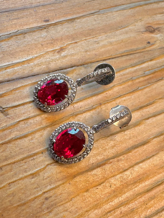Red and White CZ Stone Dangle 925 Sterling Silver Earrings