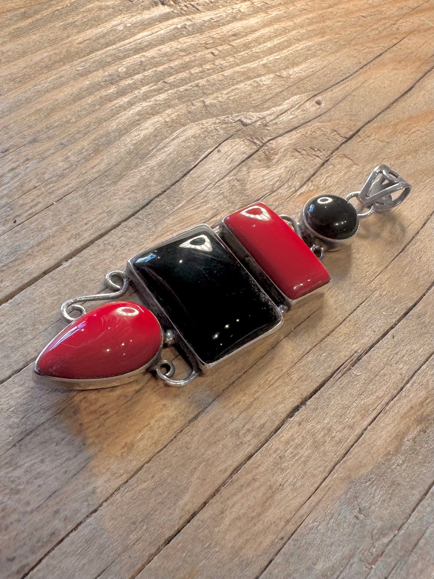 Vintage Rot-Schwarz-Stein 925 Sterlingsilber Anhänger