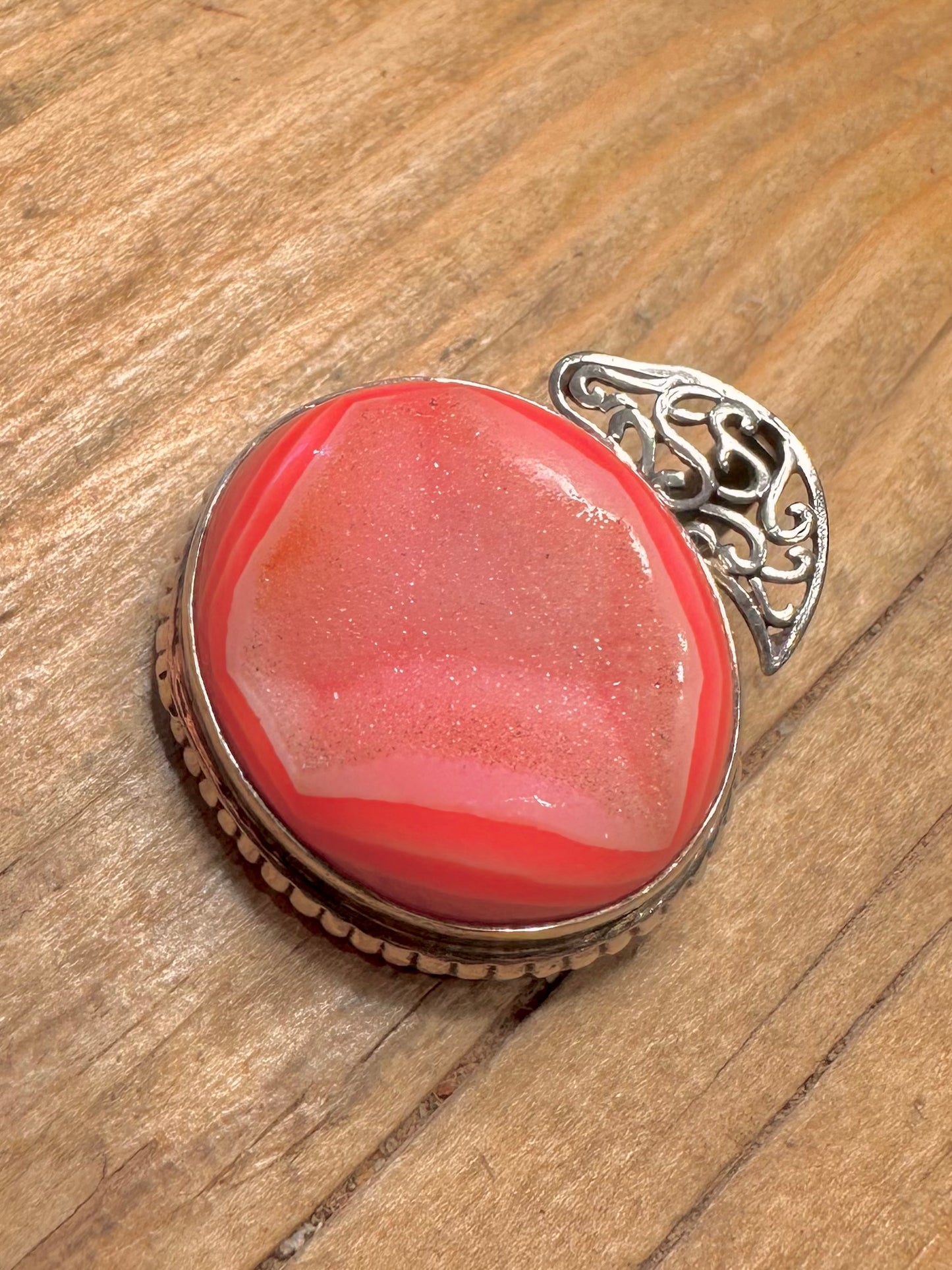 Abstract Pink Druzy Wavy 925 Sterling Silver Pendant