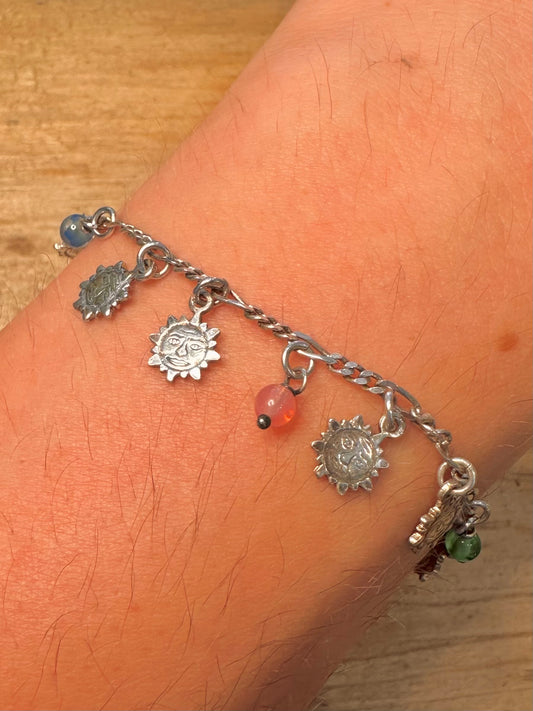Vintage Figaro Chain Sun Face and Beads 925 Silver 7.4 inch Bracelet