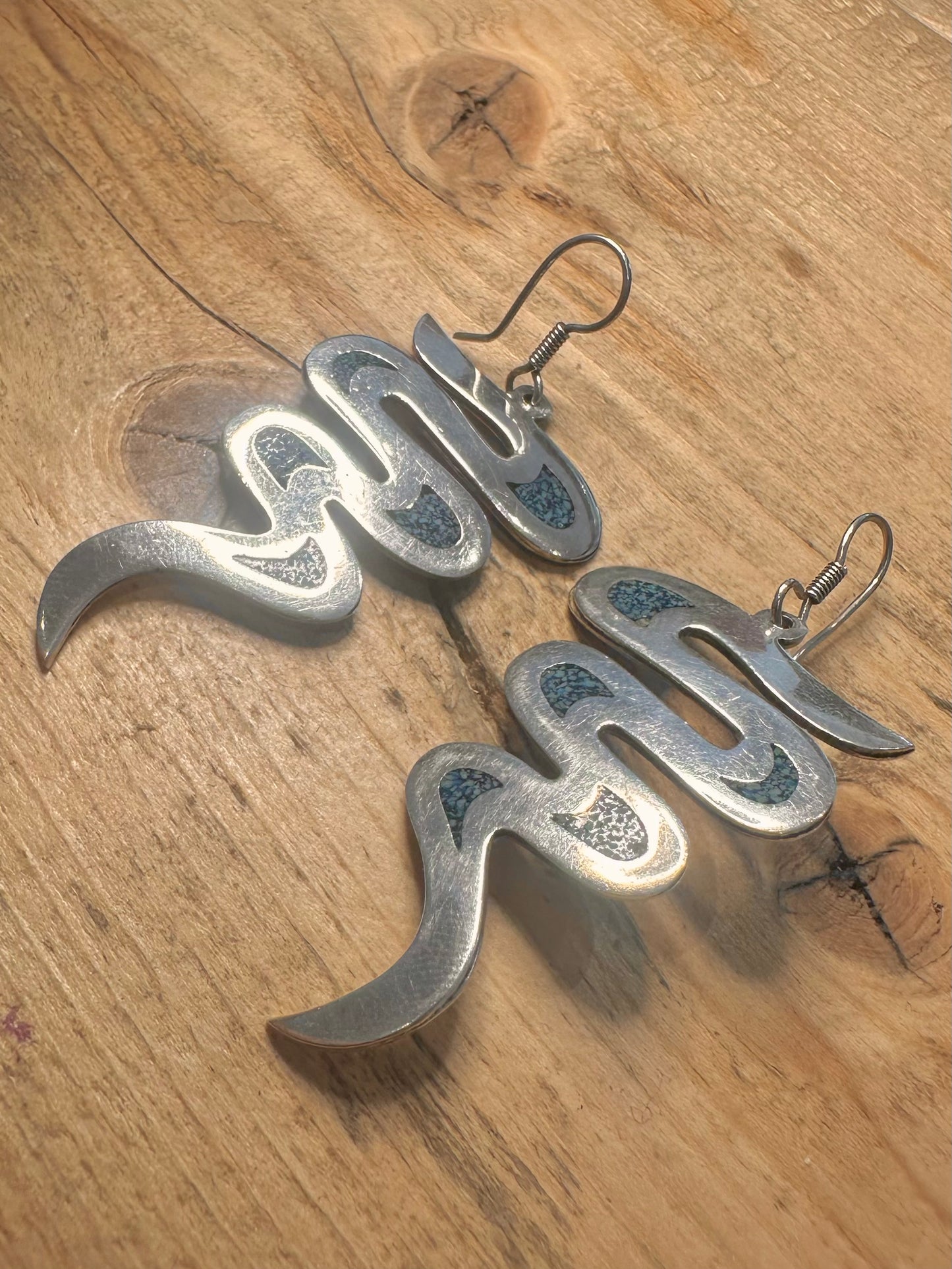 Vintage Turquoise Inlay Zig Zag 925 Silver Mexico Earrings