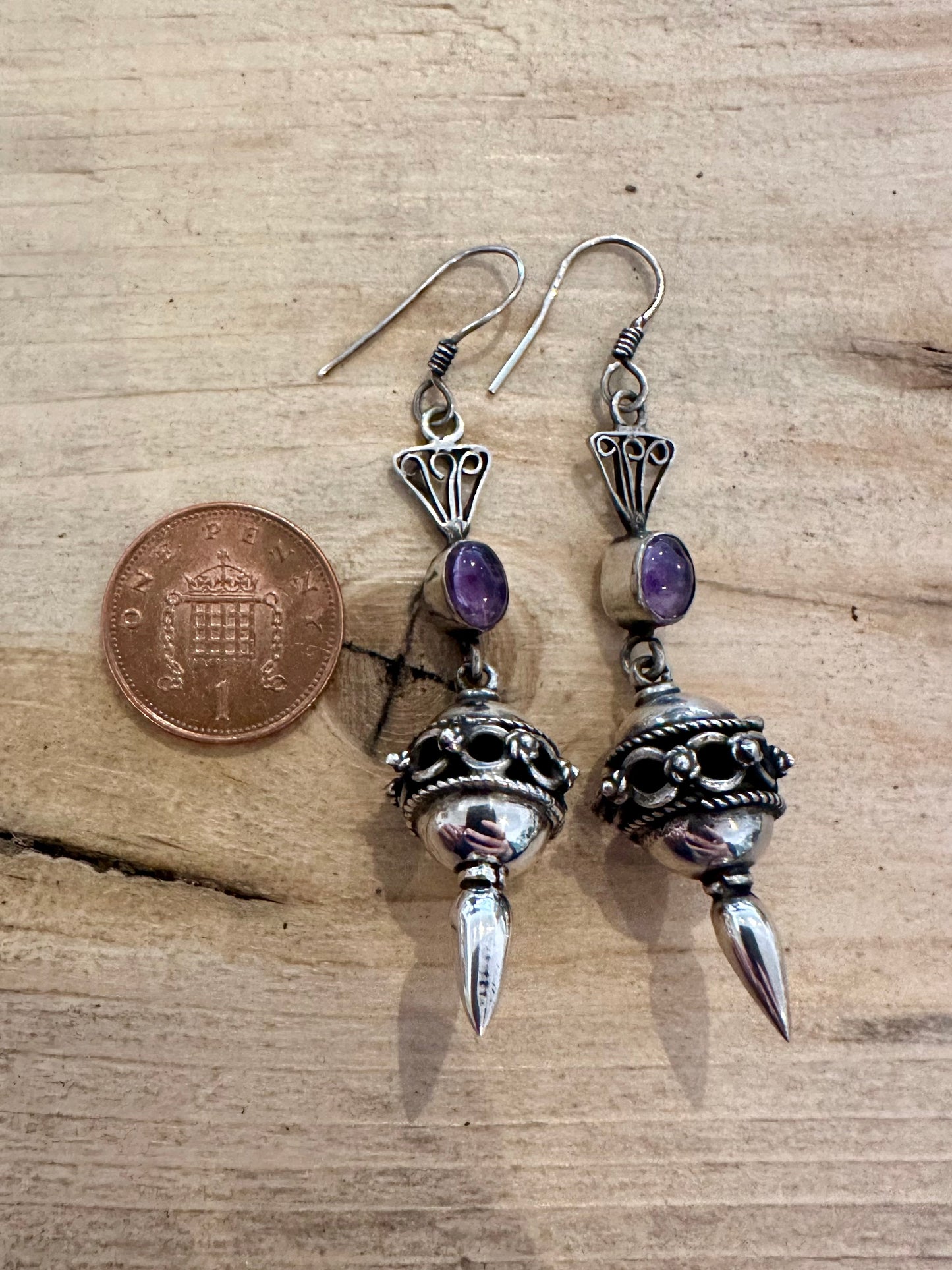 Vintage Amethyst Tribal Dangle 925 Silver Earrings