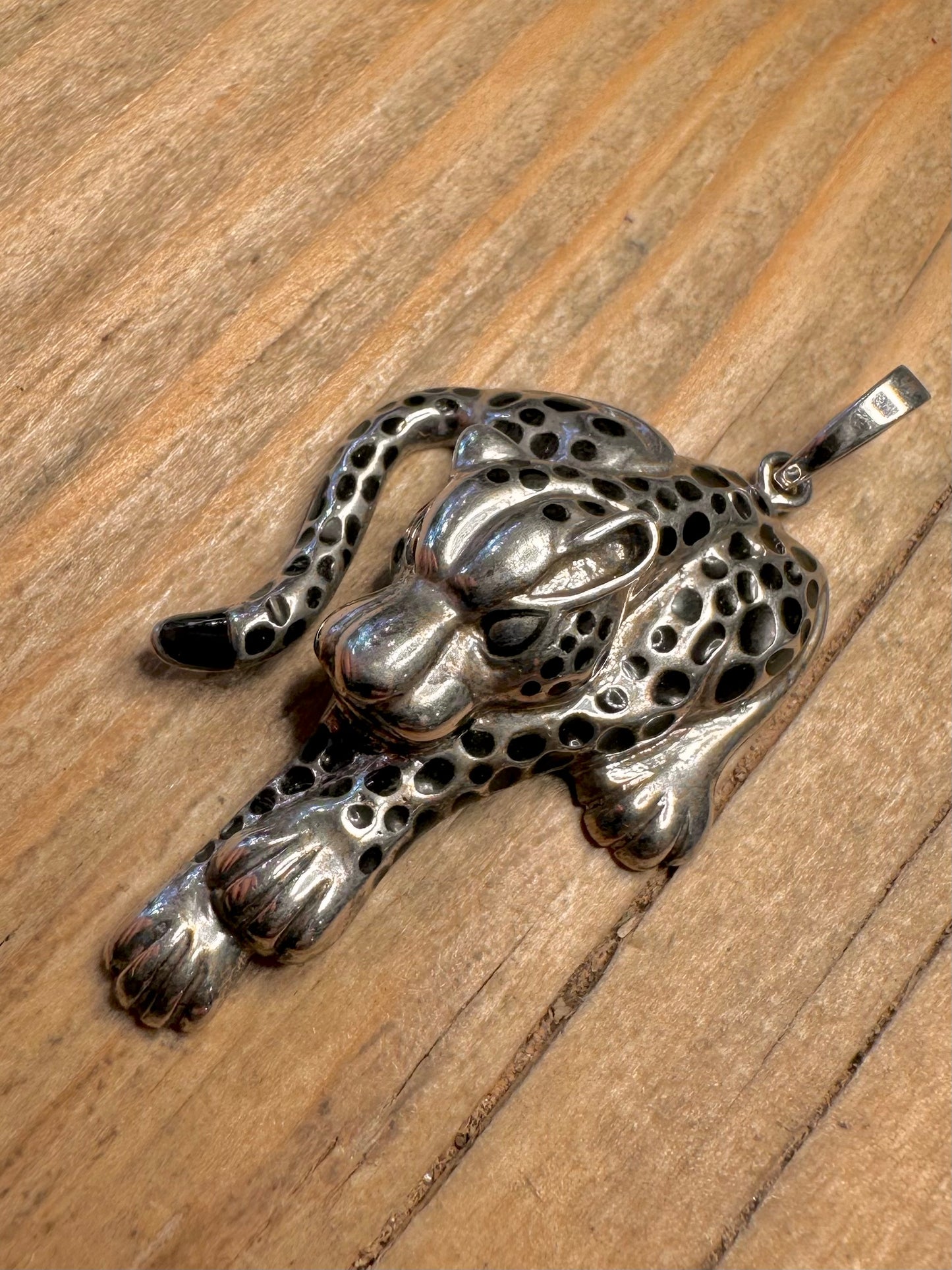 Vintage Leopard Black Enamel 925 Sterling Silver Pendant