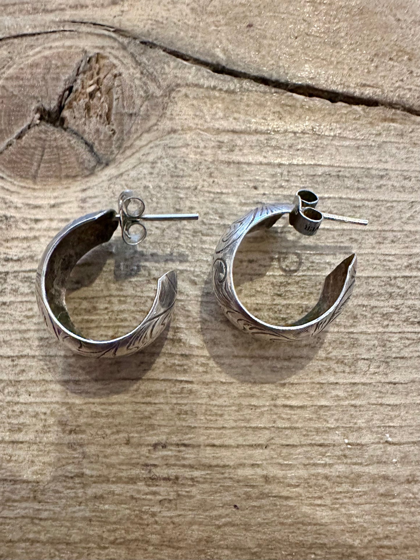 Vintage Engraved Wide Half Hoop 925 Silver Earrings