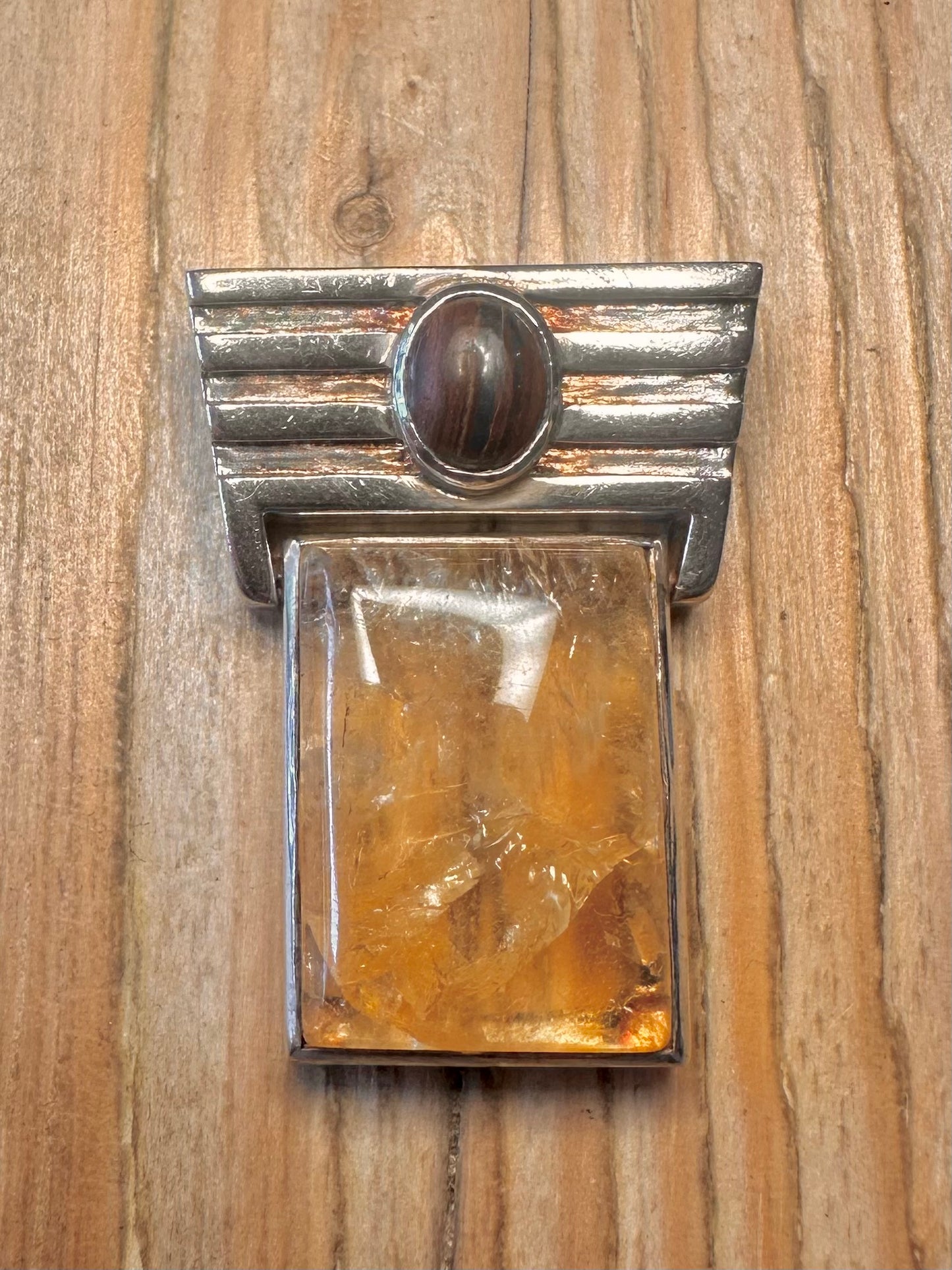 Abstract Citrine and Banded Agate 925 Sterling Silver Pendant