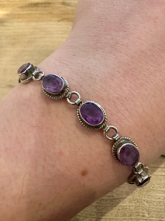 Vintage Amethyst Oval Link Hook Clasp 925 Silver 7.2 inch Bracelet