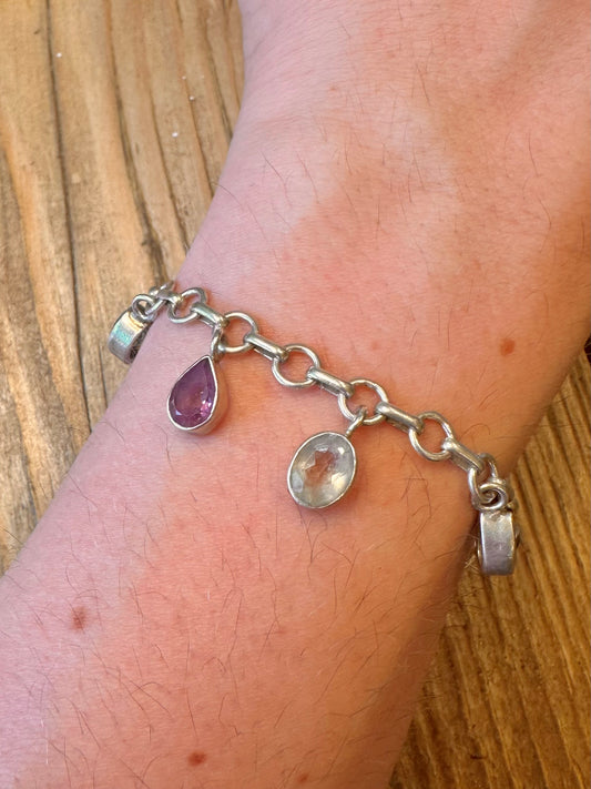 Multi Gemstone Circle Link 925 Sterling Silver 7 to 8.5 inch Bracelet