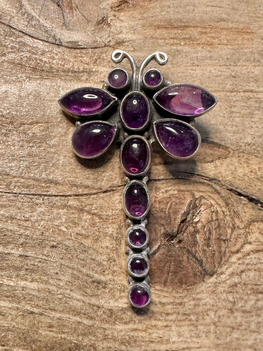 Vintage Amethyst Dragonfly 925 Silver Pendant