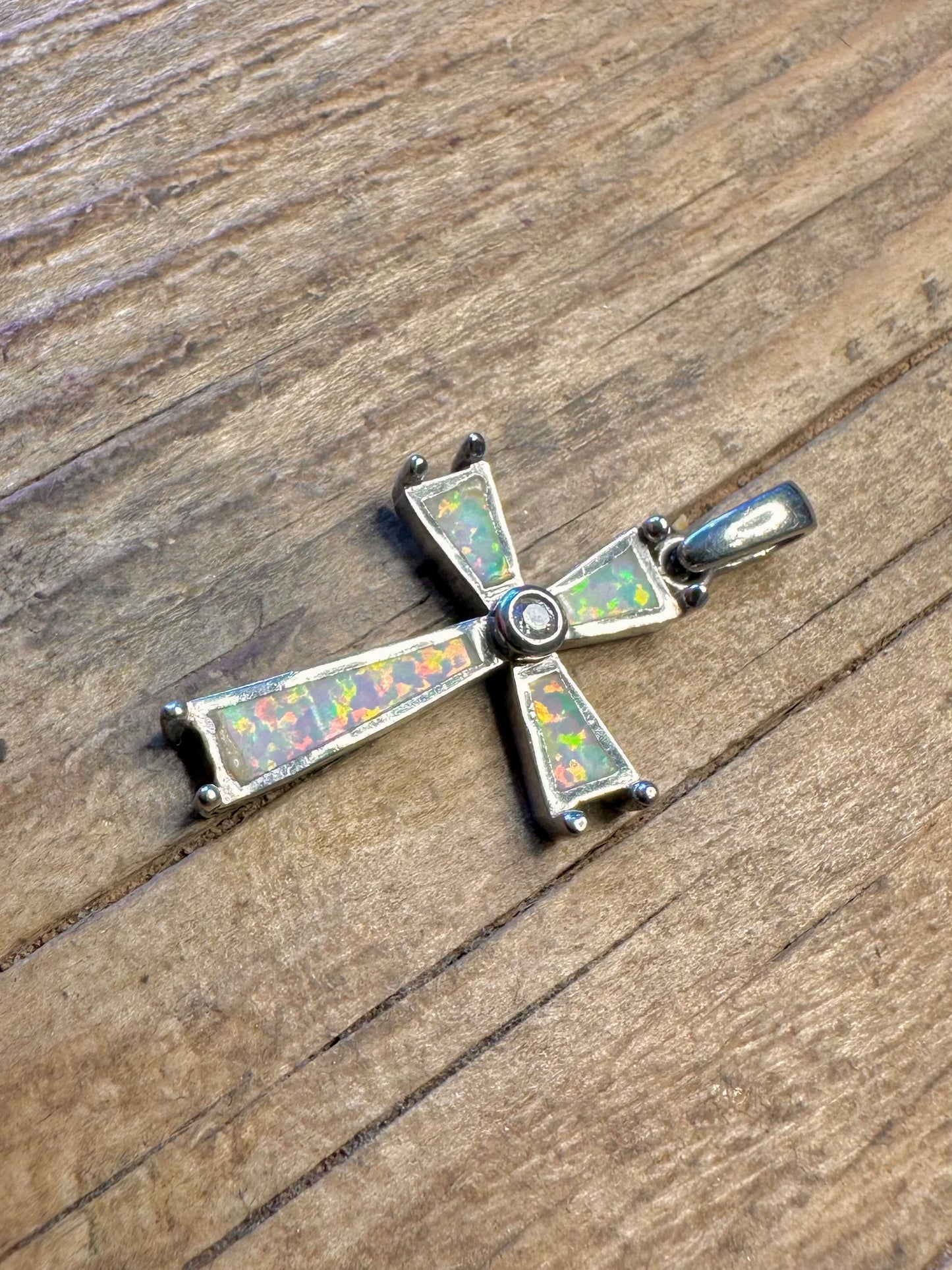 Opal and White Stone Cross 925 Sterling Silver Pendant