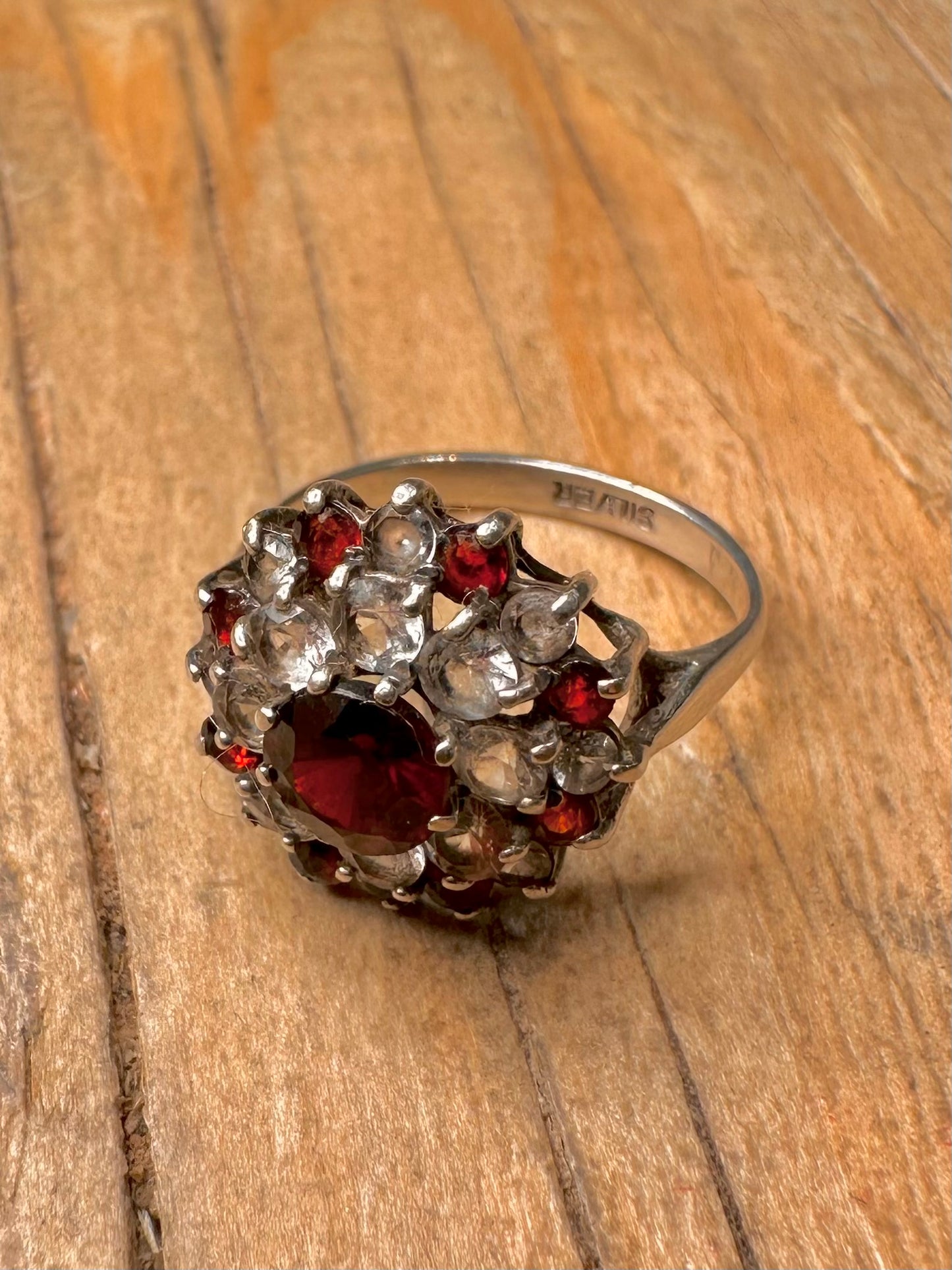 Vintage Red and White Stone Cluster 925 Sterling Silver Size K Ring