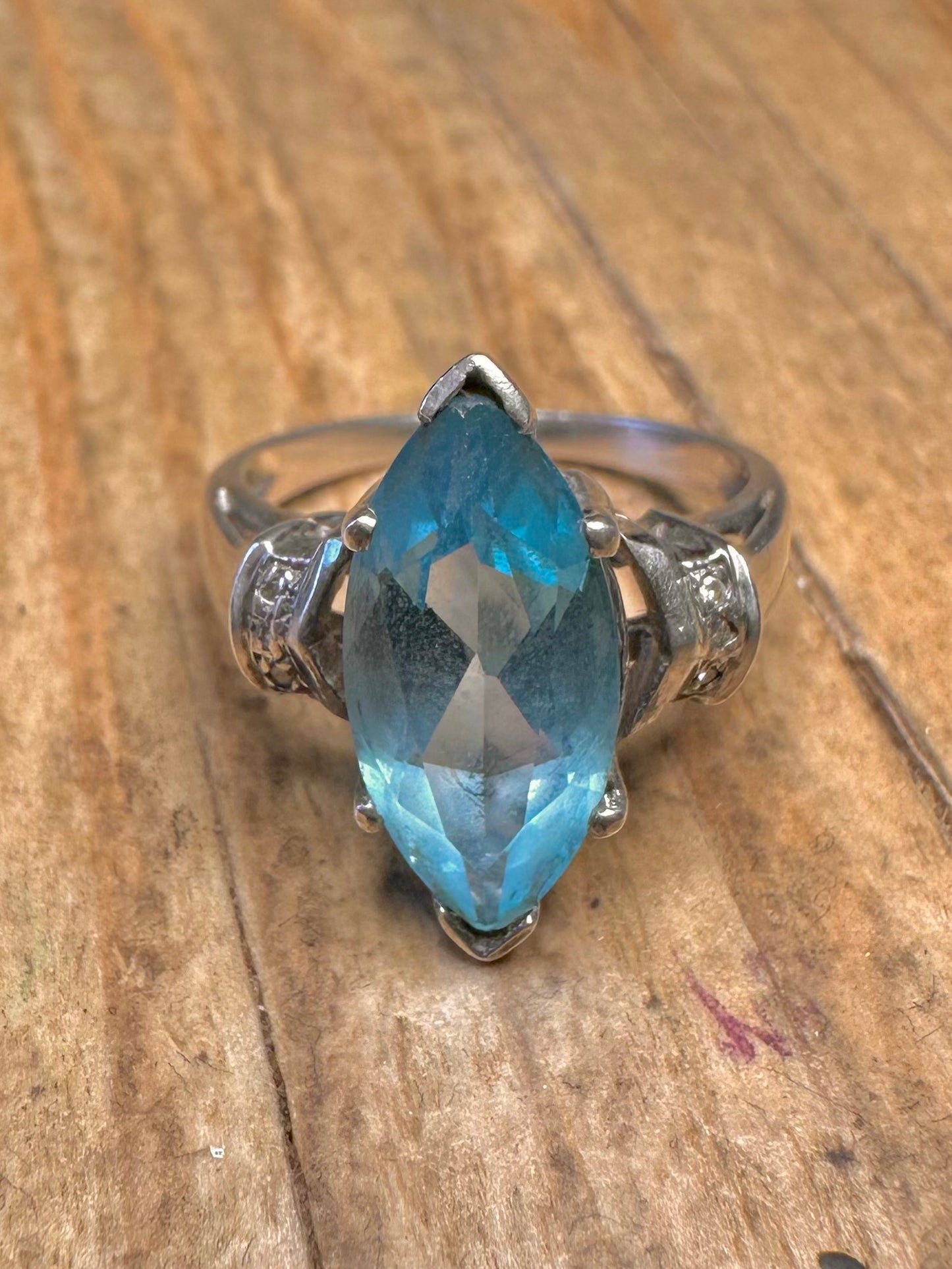 Vintage Marquise Cut Blue Topaz and CZ 925 Sterling Silver Size K Ring