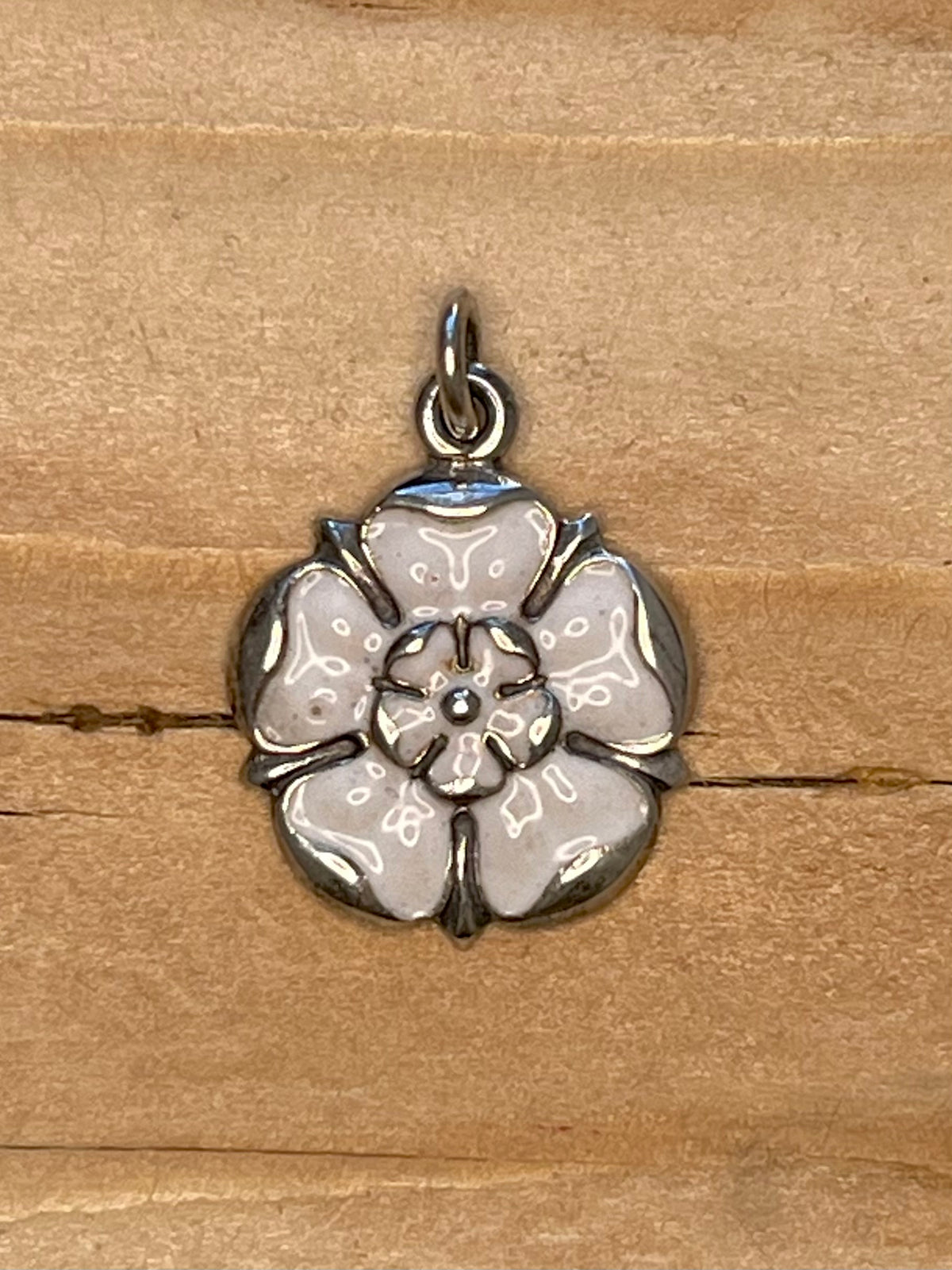 White Rose of York Enamel Flower 925 Sterling Silver Pendant