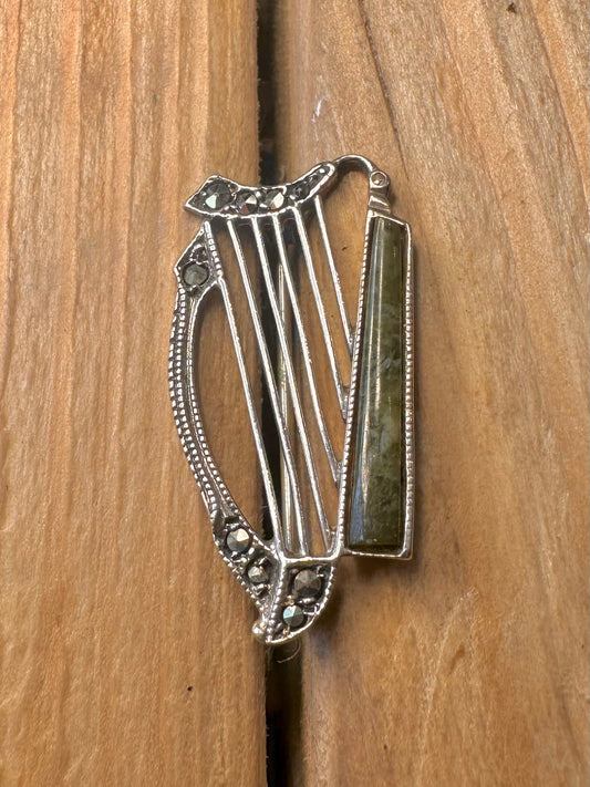 Vintage 1988 Harp Irish Marble and Marcasite 925 Sterling Silver Dublin Brooch