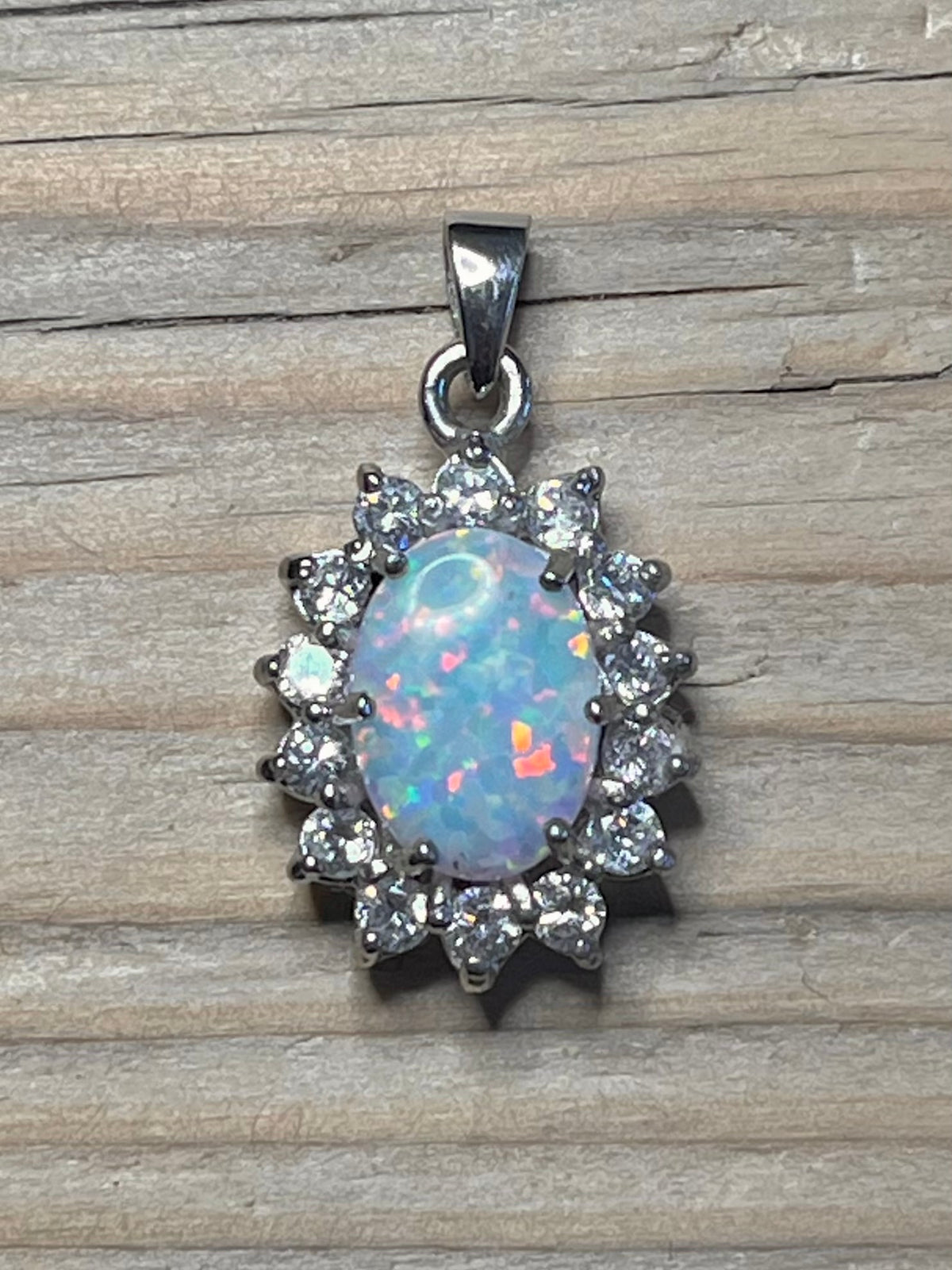 Oval Opal and White CZ 925 Sterling Silver Pendant