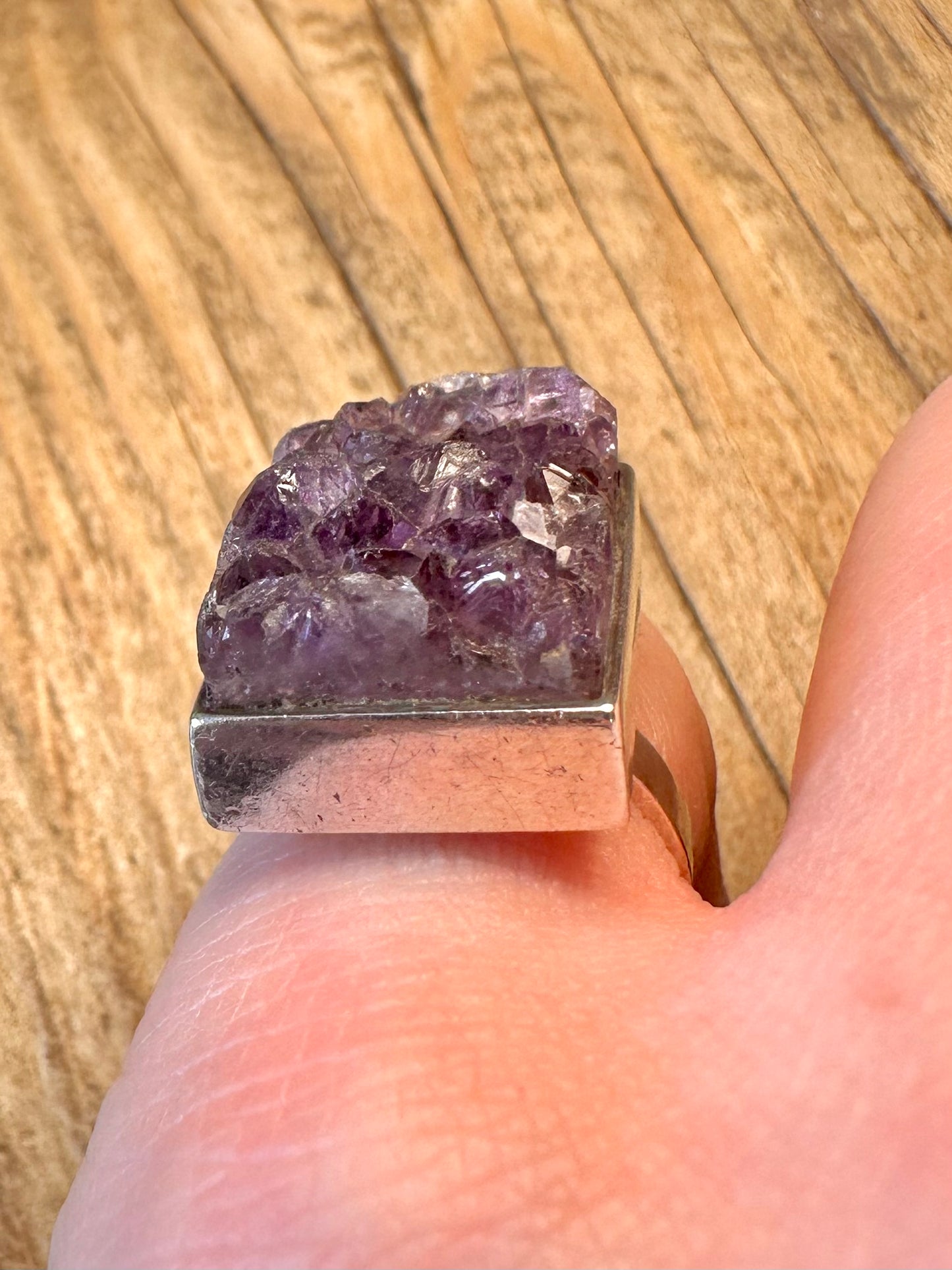 Stunning 1971 Rectangle Raw Amethyst 925 Sterling Silver Size M Ring