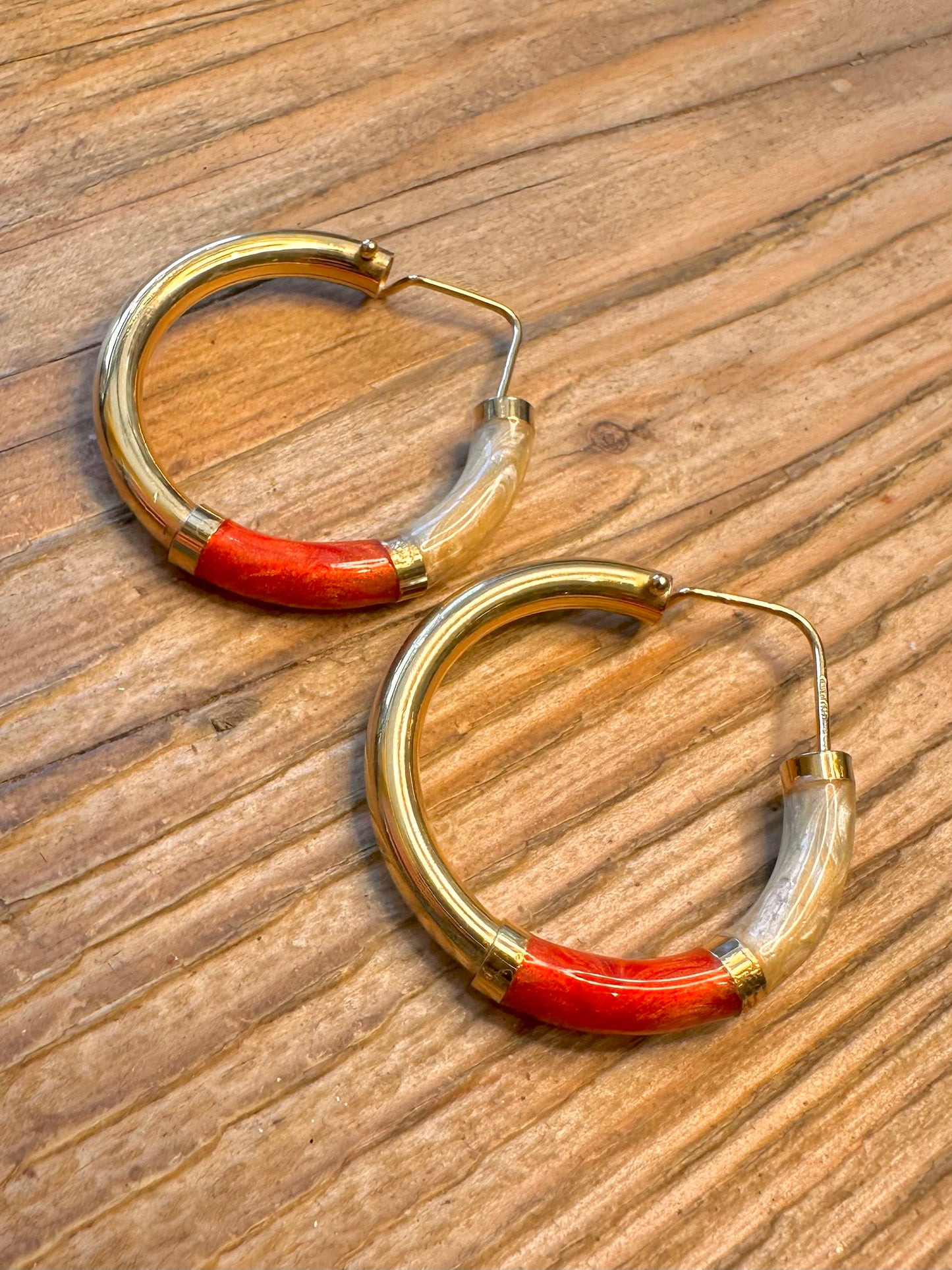 Chunky Red and White Resin Italian Gold on 925 Sterling Silver Hoop Earrings