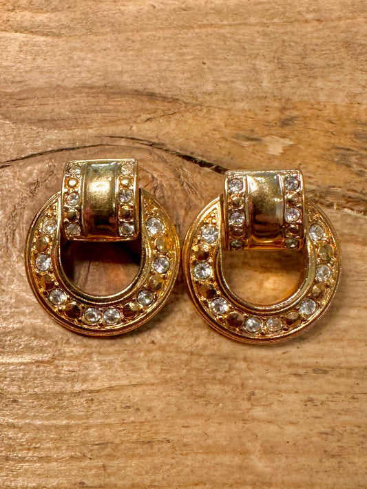 Vintage Circle White Stone Gold Costume Earrings