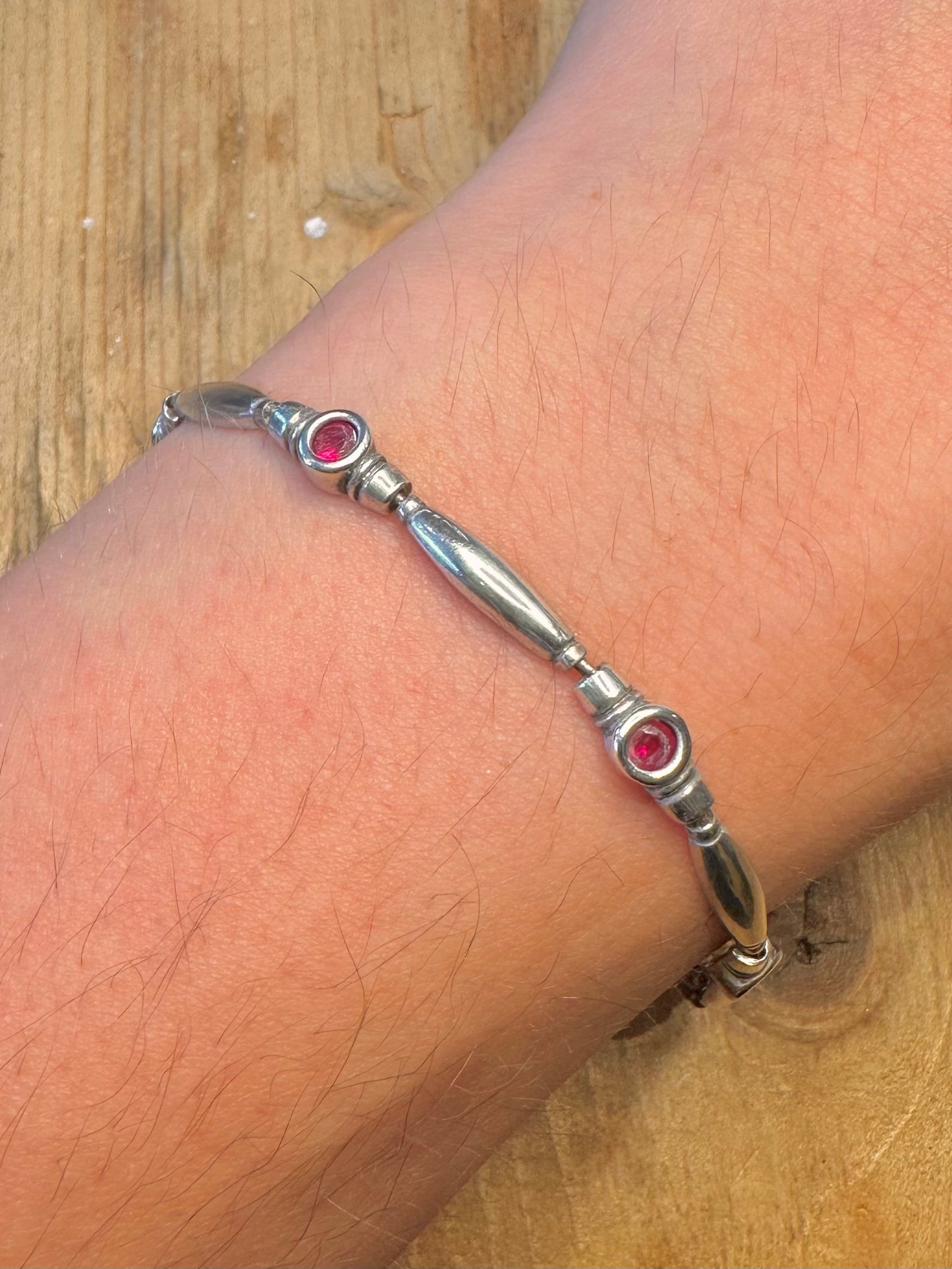 Red Stone Bar Link 925 Sterling Silver 7.8 inch Bracelet