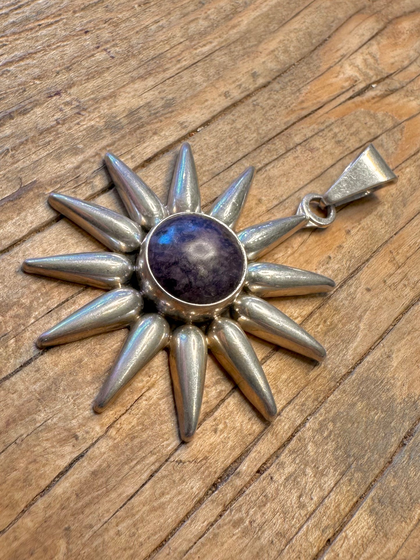 Large Vintage Lapis Sun Mexican 925 Sterling Silver Pendant