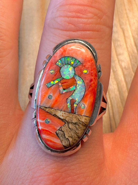 Vintage Navajo Kokopelli Mosaic Stones 925 Sterling Silver Size V1/2 Ring