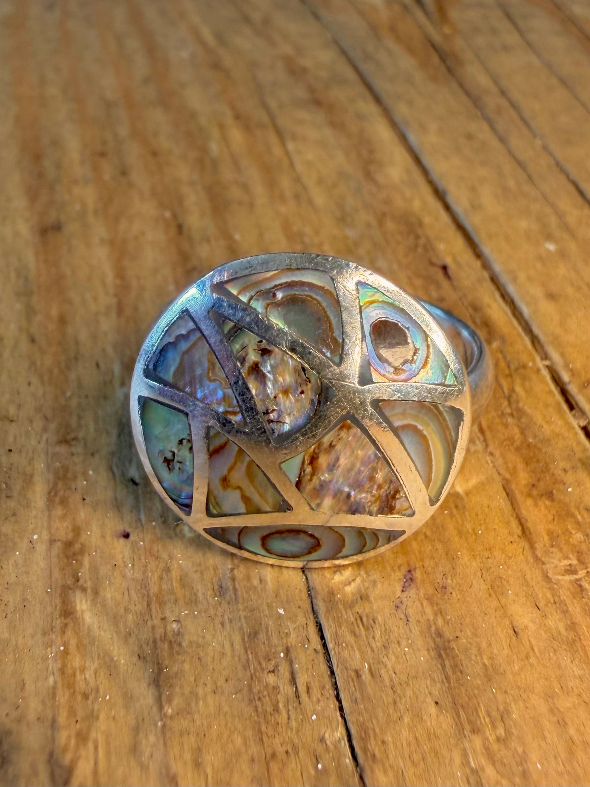 Abalone Inlay Circle 925 Sterling Silver Size R Ring