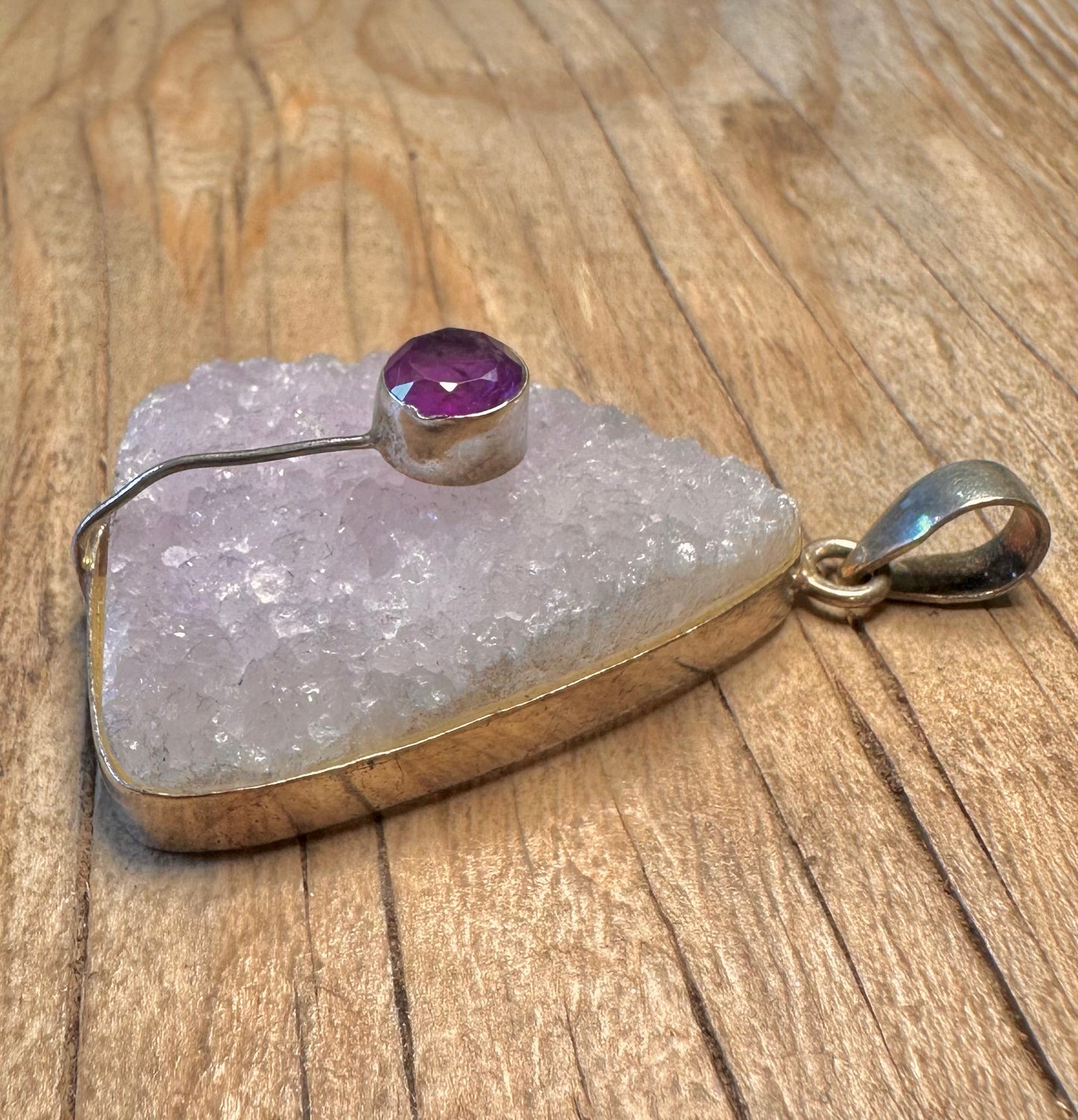 Vintage Druzy Triangle and Amethyst 925 Sterling Silver Pendant