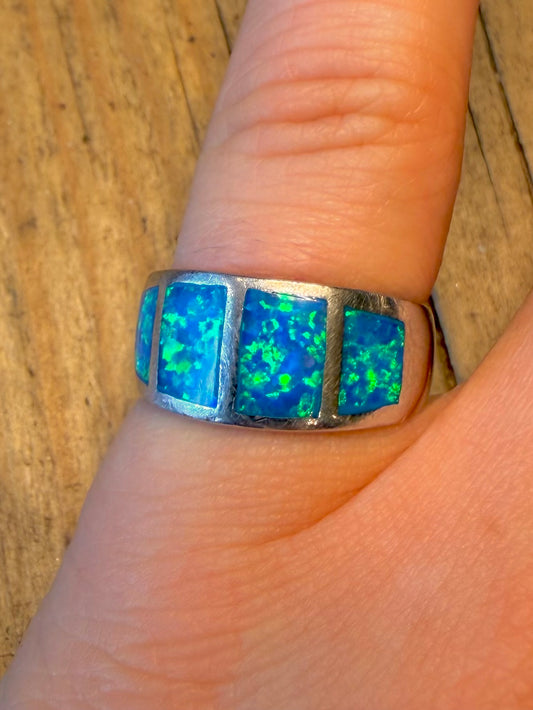 Blue and Green Opal Inlay 925 Sterling Silver Size N Ring