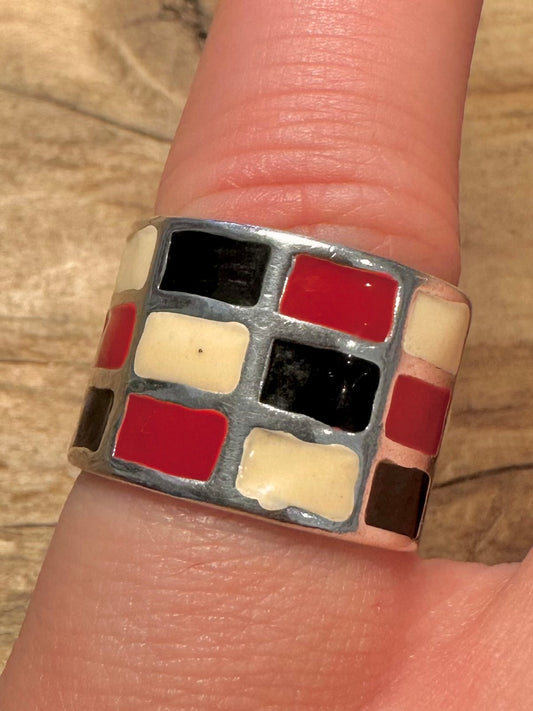Modern Multi Enamel Coloured 925 Silver Size L1/2 Ring