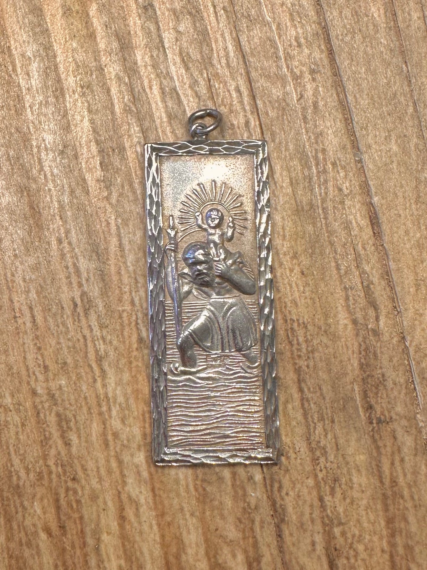 Vintage 1981 Heiliger Christophorus Rechteckiger 925 Sterling Silber Anhänger