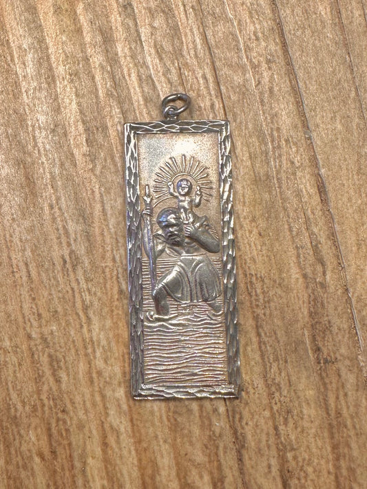 Vintage 1981 Heiliger Christophorus Rechteckiger 925 Sterling Silber Anhänger