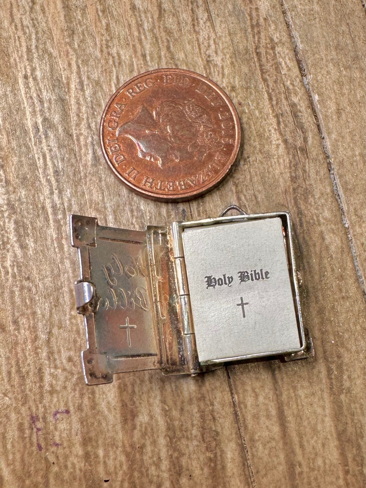 Vintage Holy Bible Book with Paper 925 Sterling Silver Charm Pendant