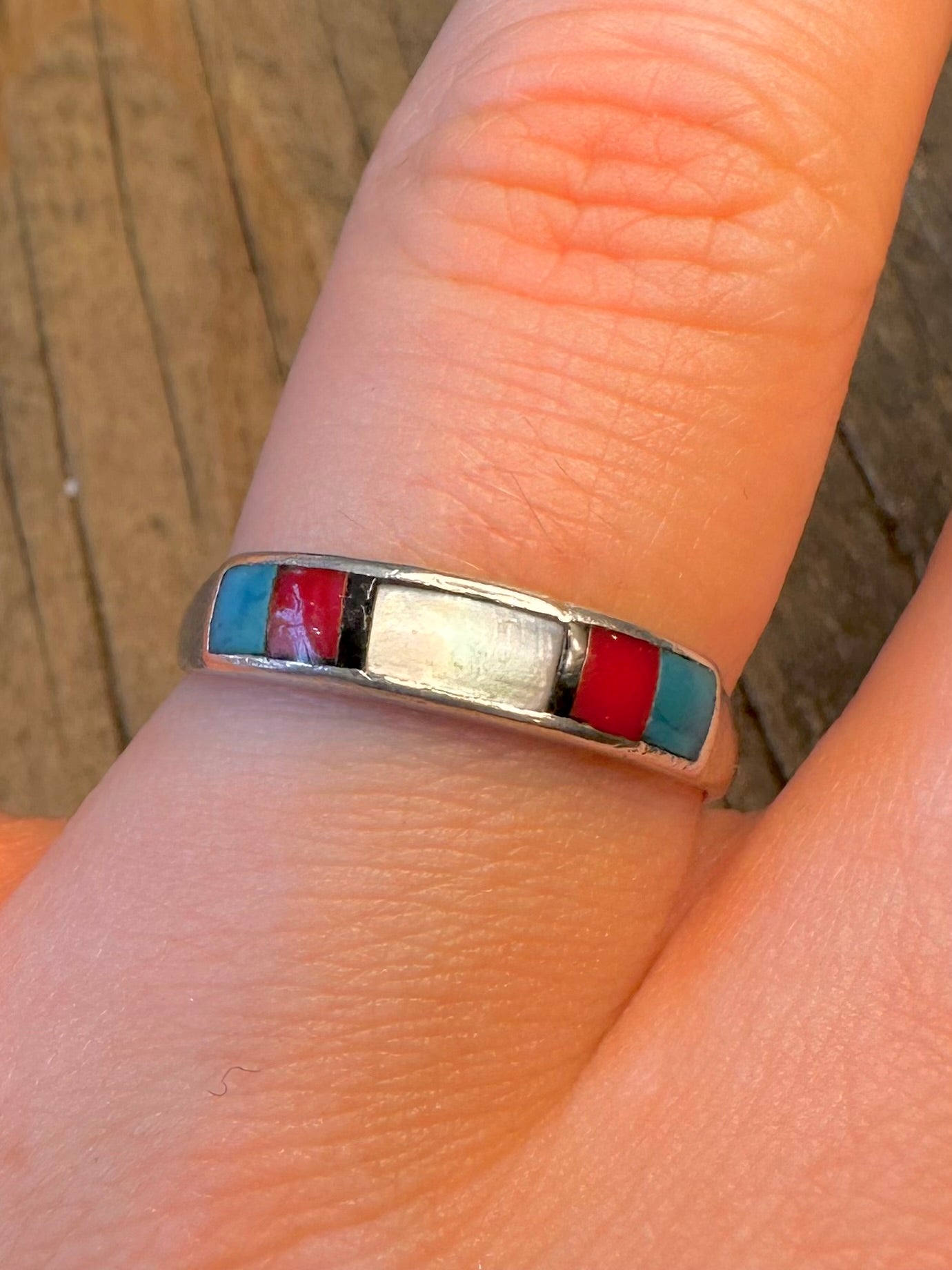 Zuni Style Turquoise Mother of Pearl Coral 925 Sterling Silver Size S Ring
