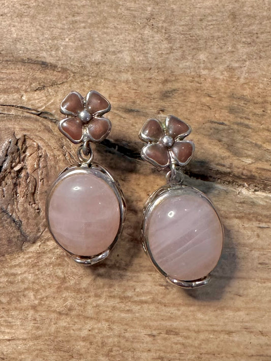 Vintage Rose Quarts Flower 925 Silver Earrings