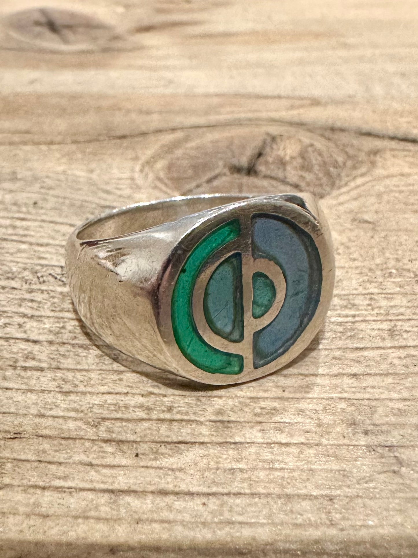 Vintage Abstract Green and Blue 925 Silver Size T Ring