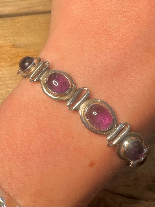 Vintage Amethyst Oval Link T Bar Clasp 925 Silver 6.8 inch Bracelet
