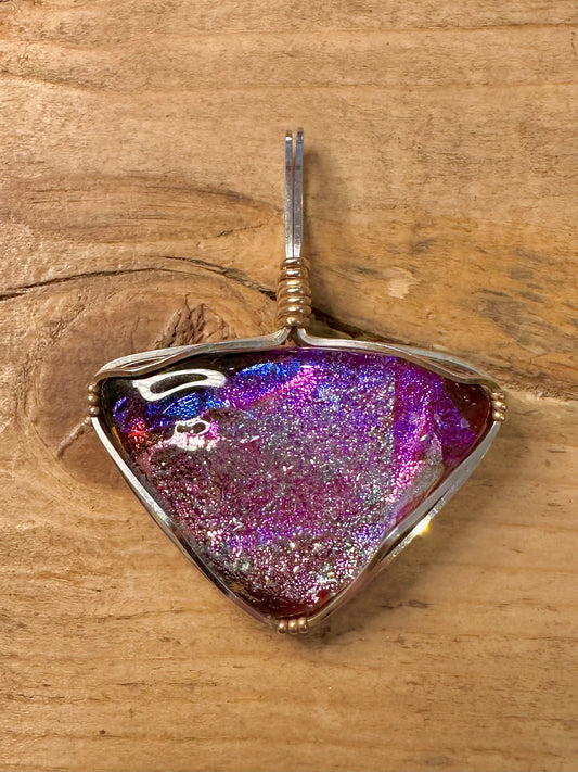 Abstract Dichroic Glass Purple Silver Pendant