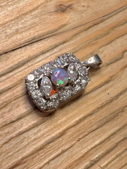 Vintage Opal and CZ Rectangle 925 Sterling Silver Pendant