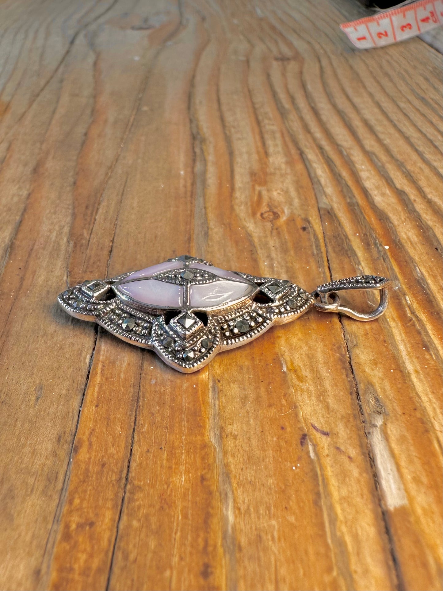 Art Deco Mother of Pearl and Marcasite Ornate 925 Sterling Silver Pendant