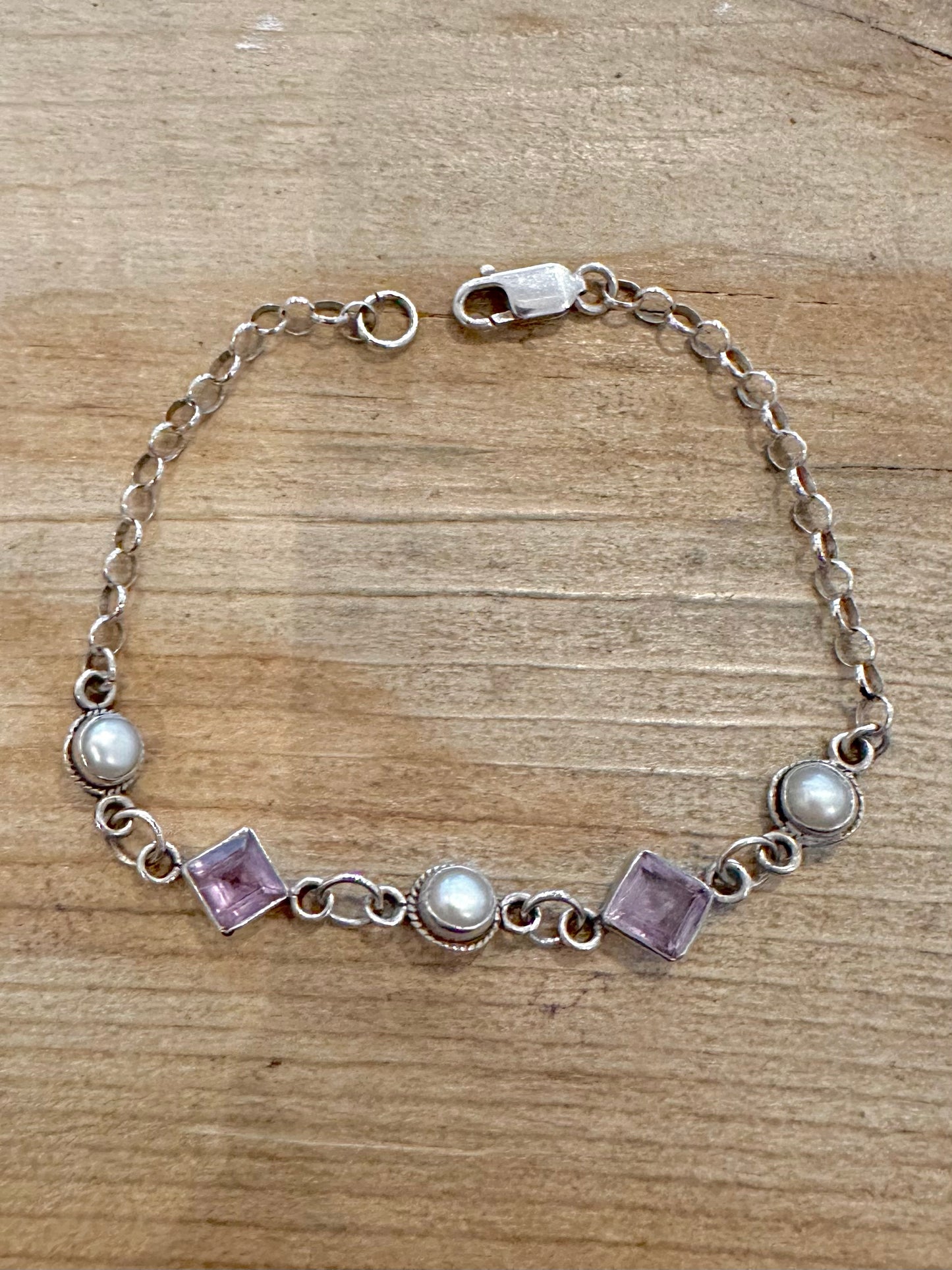 Vintage Amethyst and Pearl 925 Silver 7 inch Bracelet