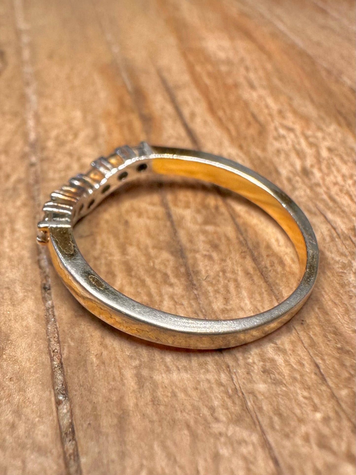 Vintage Wishbone White and Blue Stone Gold on 925 Sterling Silver Size M Ring