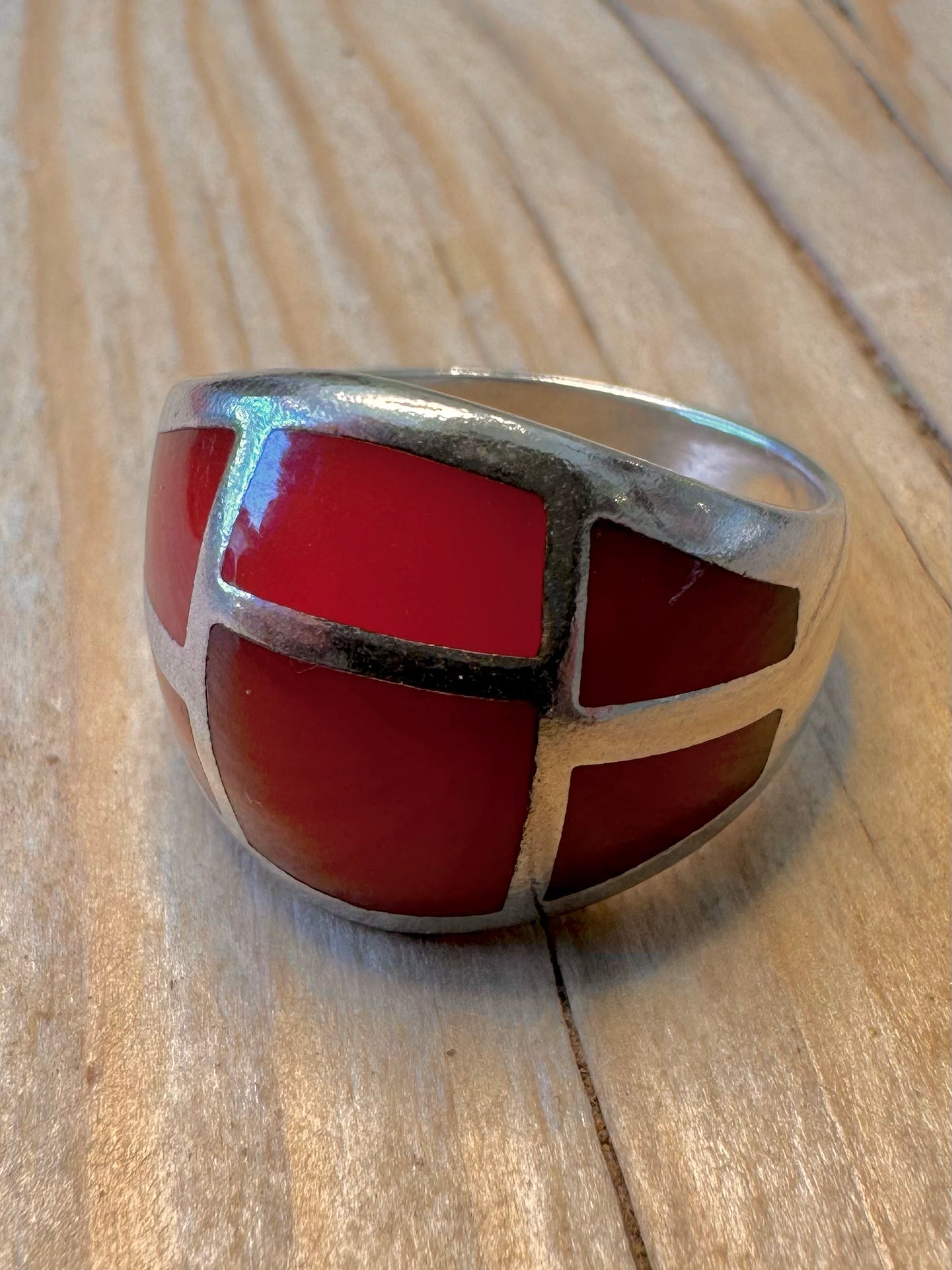 Abstract Carnelian Inlay 925 Silver Size T Ring