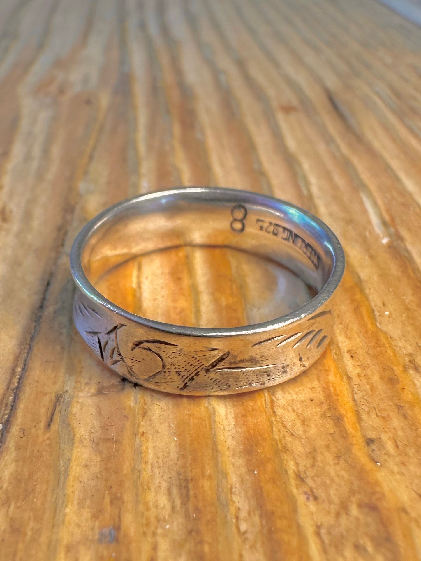 Engraved Pattern Curved Band 925 Sterling Silver Size P Ring