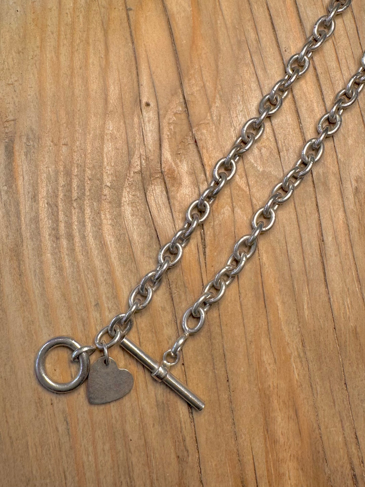 Vintage Belcher Chain Heart T Bar 925 Sterling Silver 15.8 inch Necklace