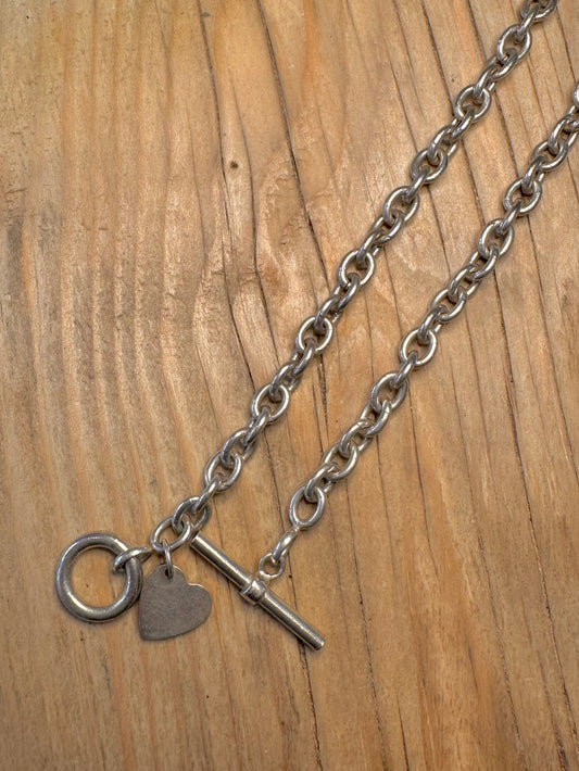 Vintage Belcher Chain Heart T Bar 925 Sterling Silver 15.8 inch Necklace