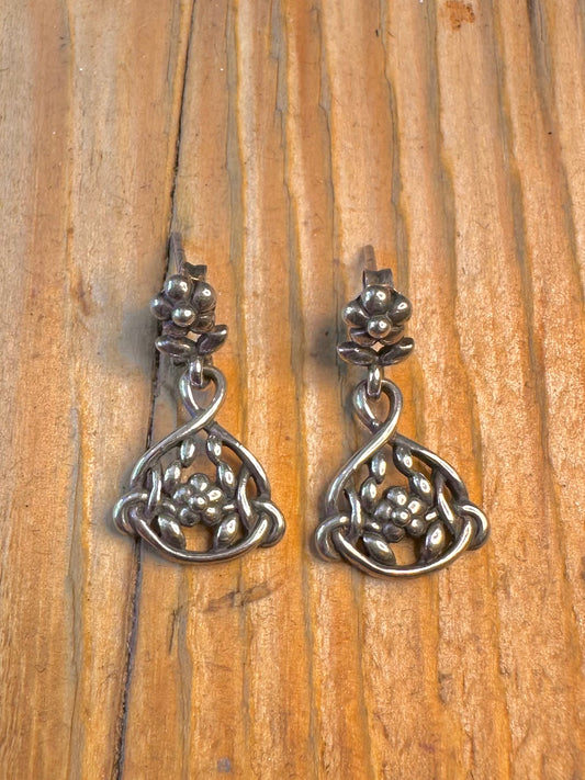 Flower Intricate Dangle 925 Sterling Silver Earrings