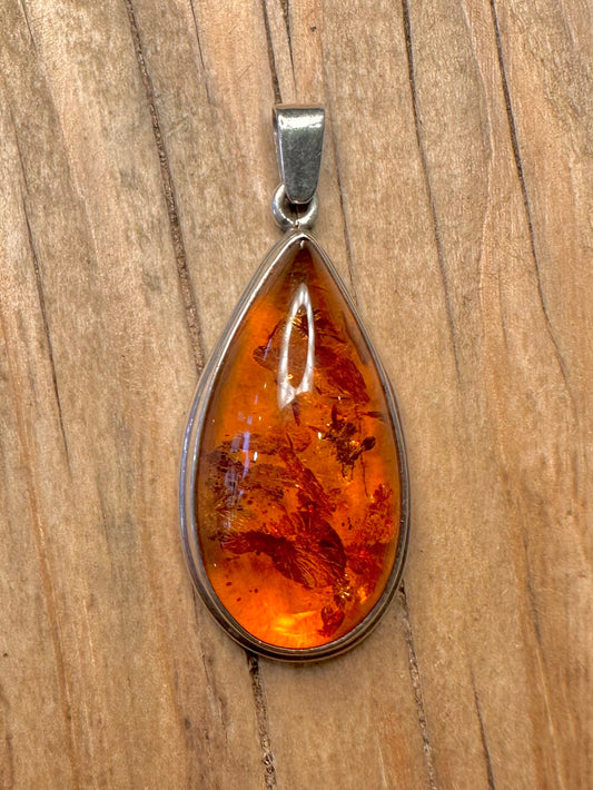 Modern Oval Amber 925 Sterling Silver Pendant